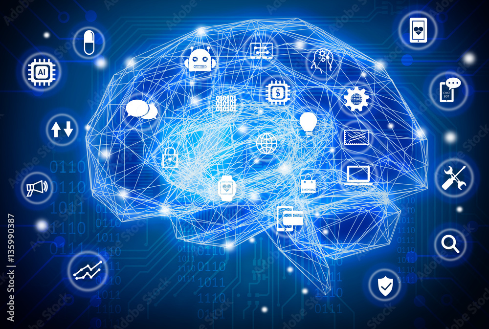 Machine learning , artificial intelligence , ai , deep learning and future concept. Wireframe Brain connect with circuit electronic graphic , binary code and technology icons background.Blue tone - obrazy, fototapety, plakaty 
