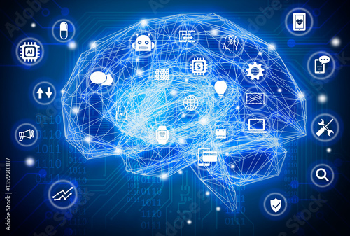 Machine learning , artificial intelligence , ai , deep learning and future concept. Wireframe Brain connect with circuit electronic graphic , binary code and technology icons background.Blue tone