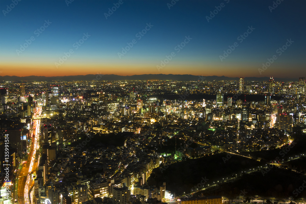 東京都市風景　夕景　トワイライト　夜景　六本木から望む　渋谷　新宿　西新宿　青山　代々木