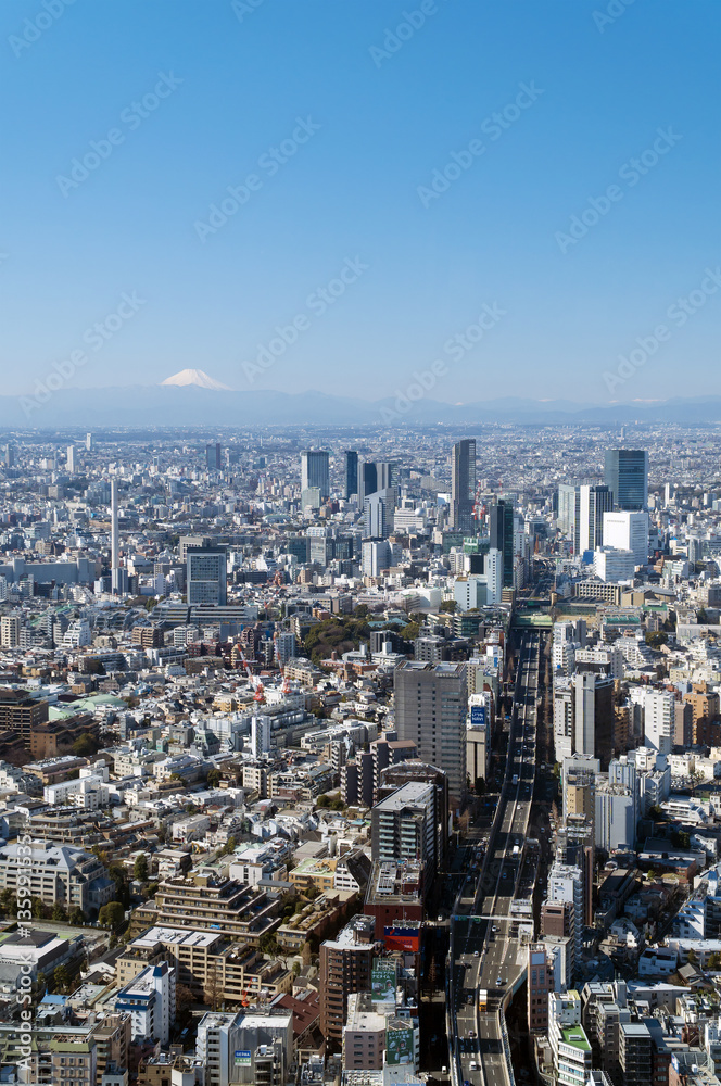 東京都市風景　昼　港区から望む富士山　渋谷中心街　都心の街並全景　コピースペース