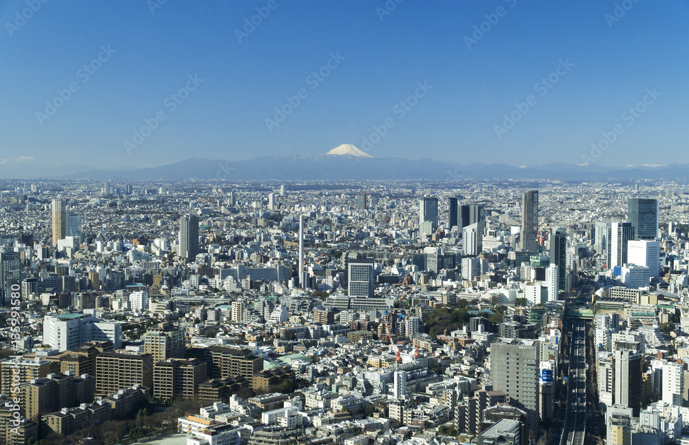 東京都市風景　昼　港区から望む　富士山　渋谷中心街　都心の街並