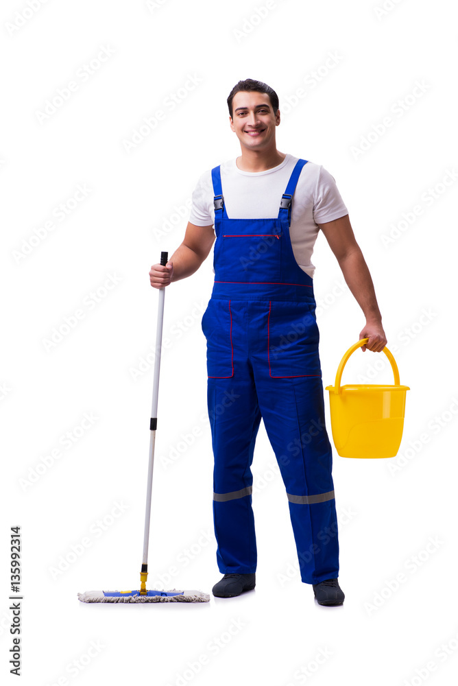 Man cleaning floor isolated on white Man cleaning floor isolated on white