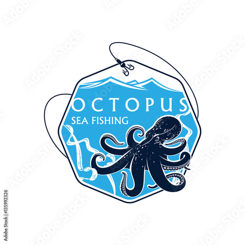 Sea fishing vector icon of octopus and fish rod