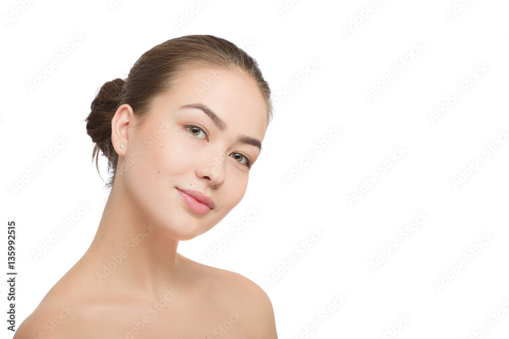 Woman with a natural beauty makeup look isolated over a white background with copyspace Woman with a natural beauty makeup look isolated over a white background with copyspace