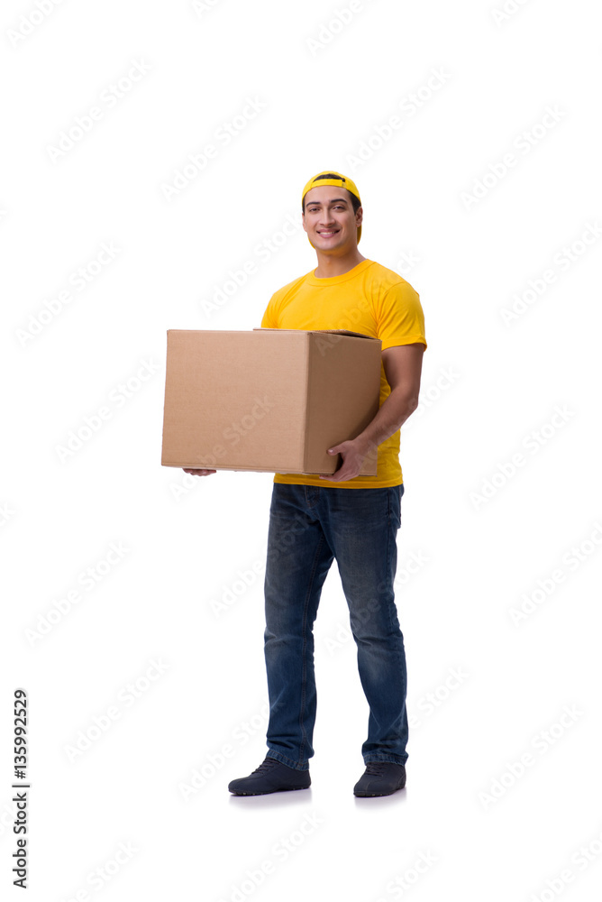 Funny delivery boy with box isolated on white Funny delivery boy with box isolated on white
