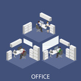 Isometric 3D vector illustration interior design office department. Work in the office. The concept of the idea of business and work.
