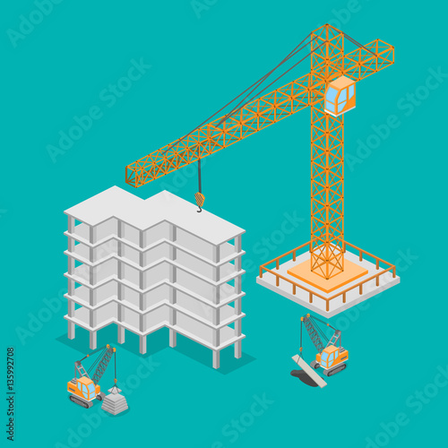 Isometric 3D vector illustration truck crane construction. construction of a multistory building.