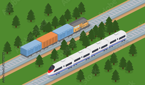 Isometric 3D vector illustration freight train and an express train on a railway track