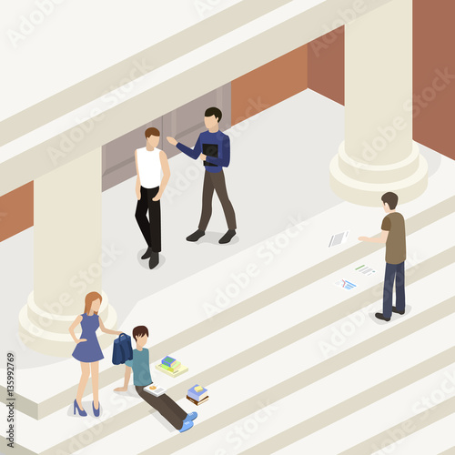 Isometric 3D vector illustration entrance to an educational institution or university or school with students