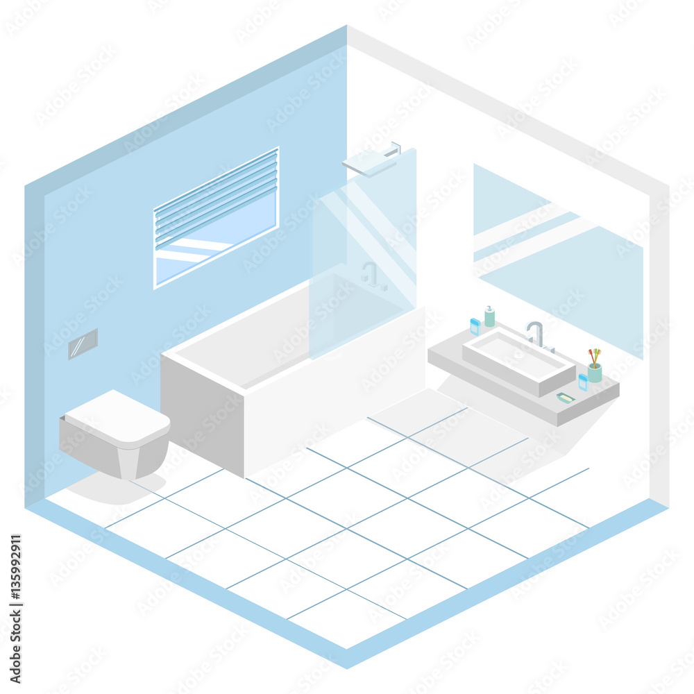 Isometric flat 3D concept vector interior of bathroom inside