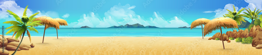 Sea panorama, Tropical beach. Vector background