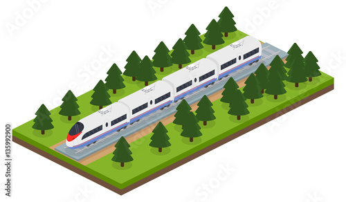 Isometric 3D vector illustration an express train on a railway track