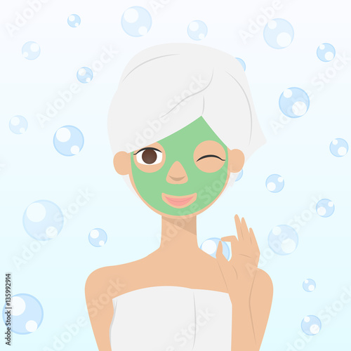 Beautiful sweet girl or woman with a face mask after shower vector illustration cartoon character. Facials.