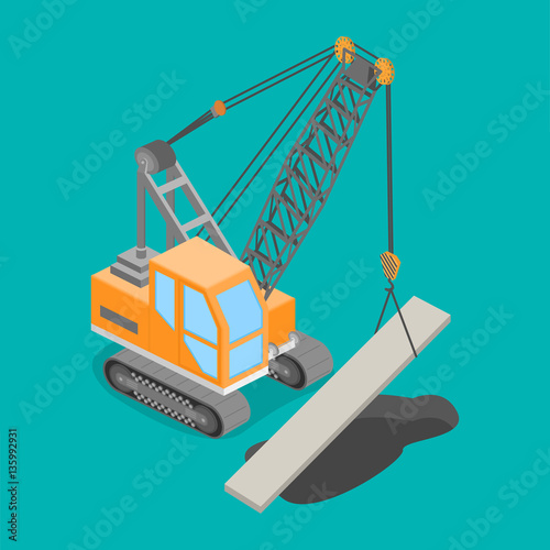 Isometric 3D vector illustration truck crane construction of roads, construction.