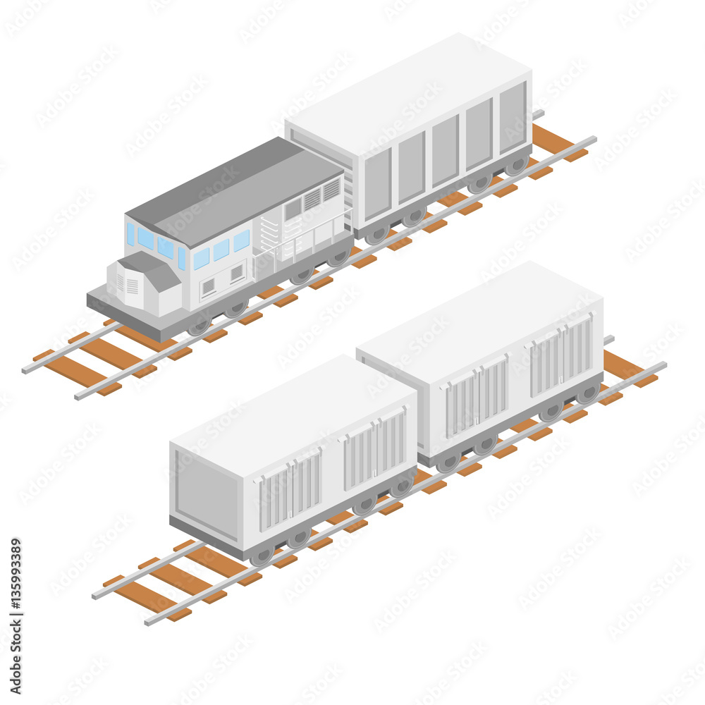 Isometric vector illustration Freight train with wagons. Railway with containers. Set of collection cargo train. Isometric vector illustration Freight train with wagons. Railway with containers. Set of collection cargo train.