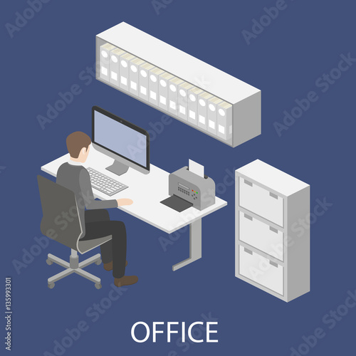3D isometric interior design office. Department concept.