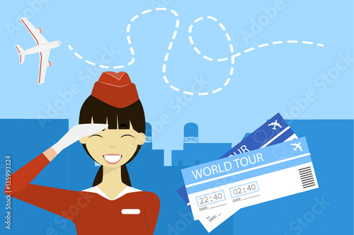 Flat vector illustration the flight attendant smiles and wished a successful way. Advertisement airlines. Traveling by plane.