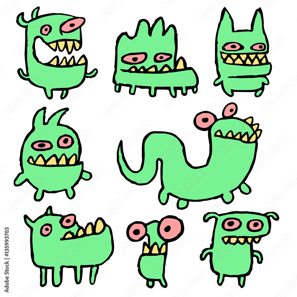 Obraz premium Funny Green Monsters in Different Shapes Vector Illustration. Contour Freehand Digital Drawing Cute Pet. White Color Background. Cheerful Collection Creatures for Web Icons and Shirt. 