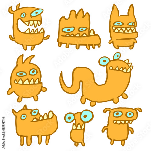 Yellow Monsters Emoticons Set. Funny Cartoon Cool Characters. 