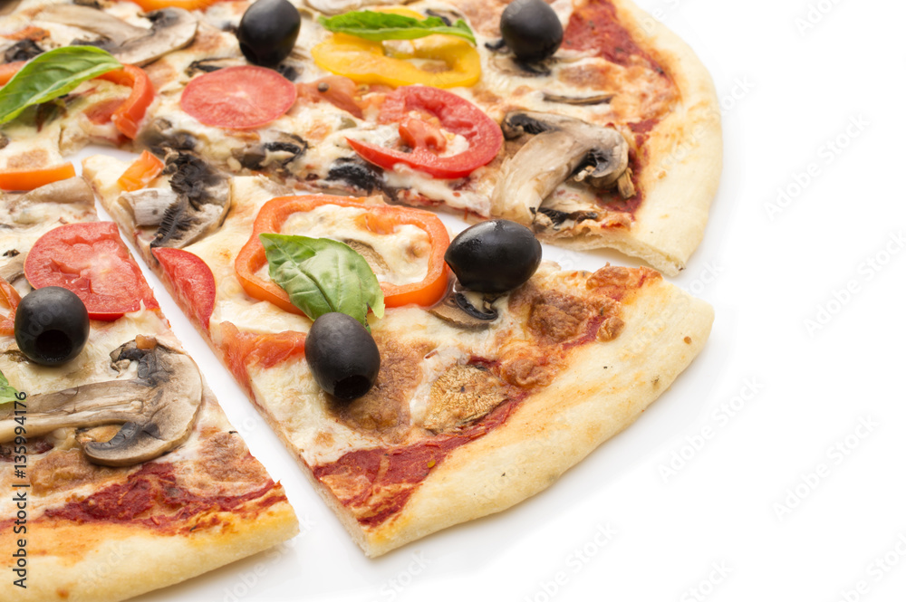 Pizza with ham, pepper and olives Pizza with ham, pepper and olives