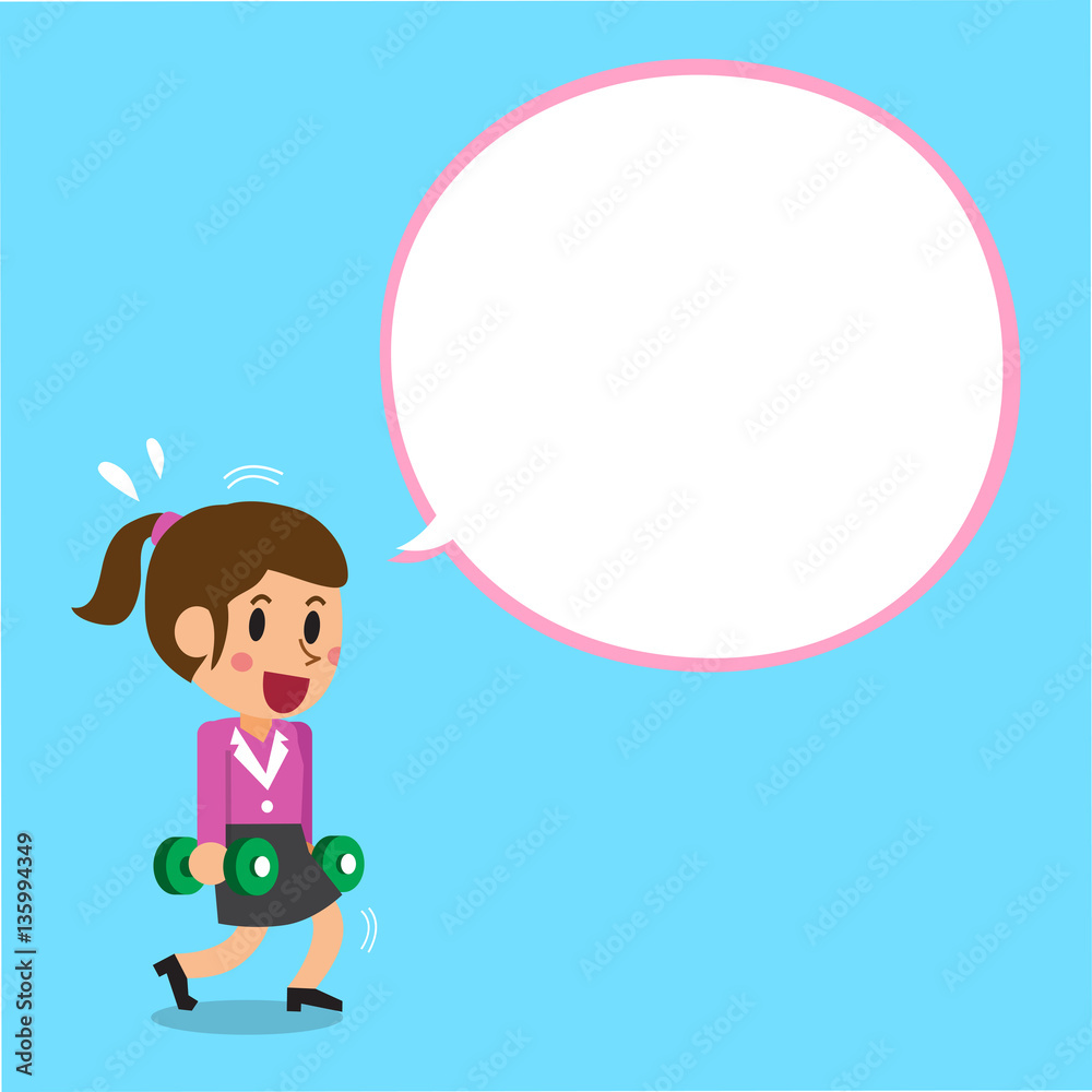 Cartoon businesswoman doing dumbbell lunge training with white speech bubble Cartoon businesswoman doing dumbbell lunge training with white speech bubble