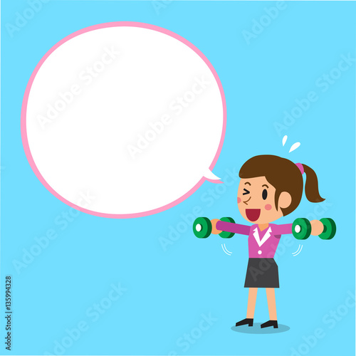 Cartoon businesswoman doing dumbbell lateral raise training with white speech bubble
