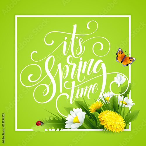 Fototapeta Naklejka Na Ścianę i Meble -  Spring Hand Lettering on background with flowers. Vector illustration