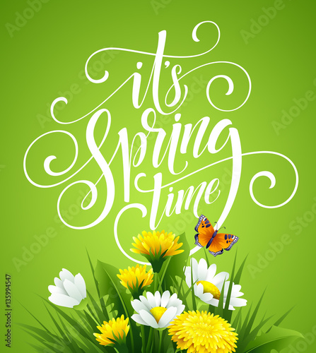 Spring Hand Lettering on background with flowers. Vector illustration