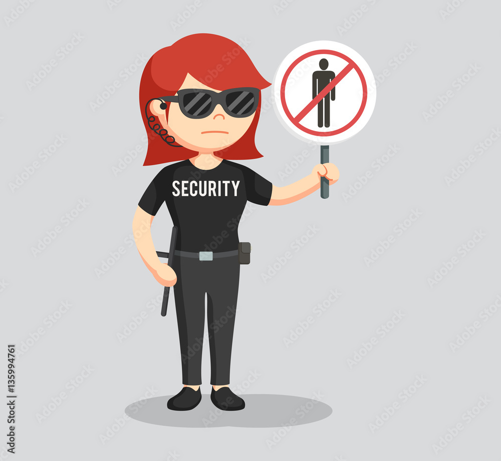 security guard woman with forbidden pass sign