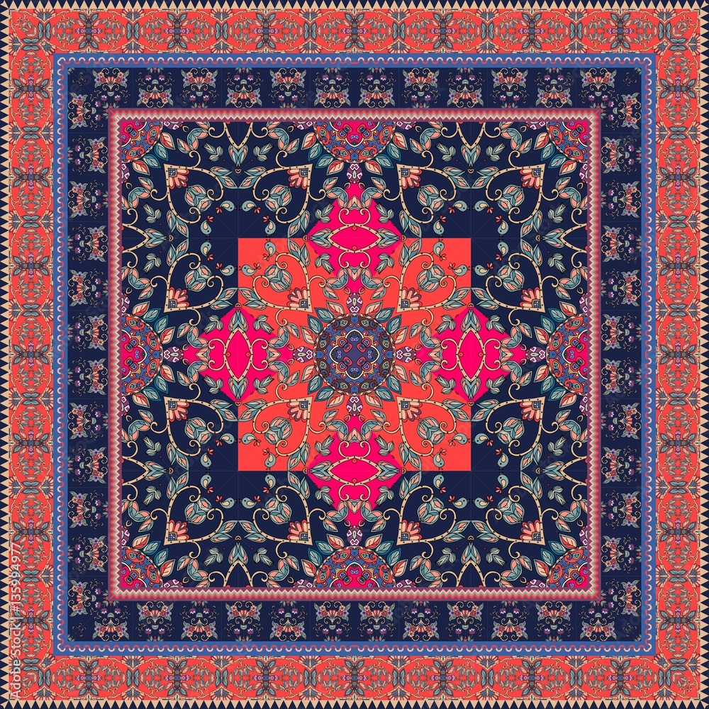 Beautiful oriental scarf with ornamental border. Lovely tablecloth. Indian  carpet. Bandana print. Pillowcase. Print for fabric. Ceramic tile. Stock  Illustration | Adobe Stock