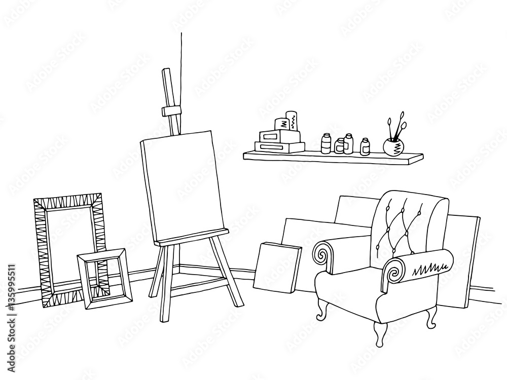 Art workshop graphic black white interior sketch illustration vector