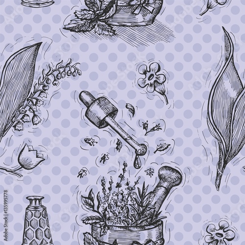 Seamless background with herbal cosmetics and flowers