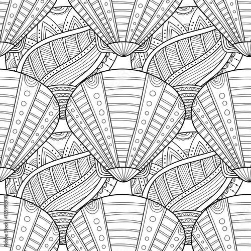 Black white seamless pattern with decorative sea shells for coloring