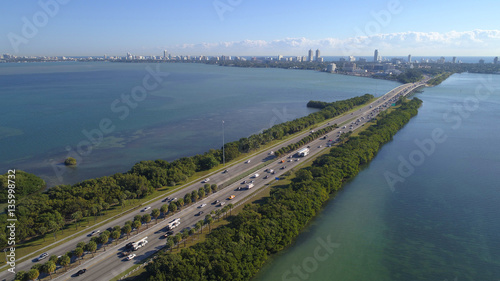 Aerial image of the Julia Tuttle Causeway built over Biscayne Bay from Miami to Miami Beach Florida USA