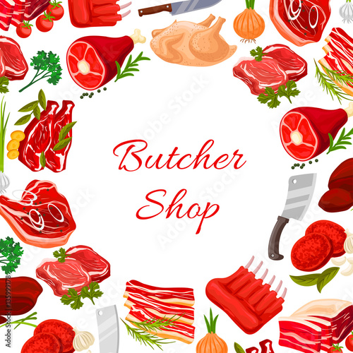 Butcher shop vector round poster of butchery meat