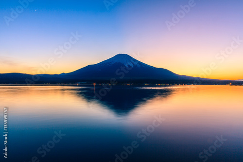 Mount Fuji Reflected in Lake at sunset