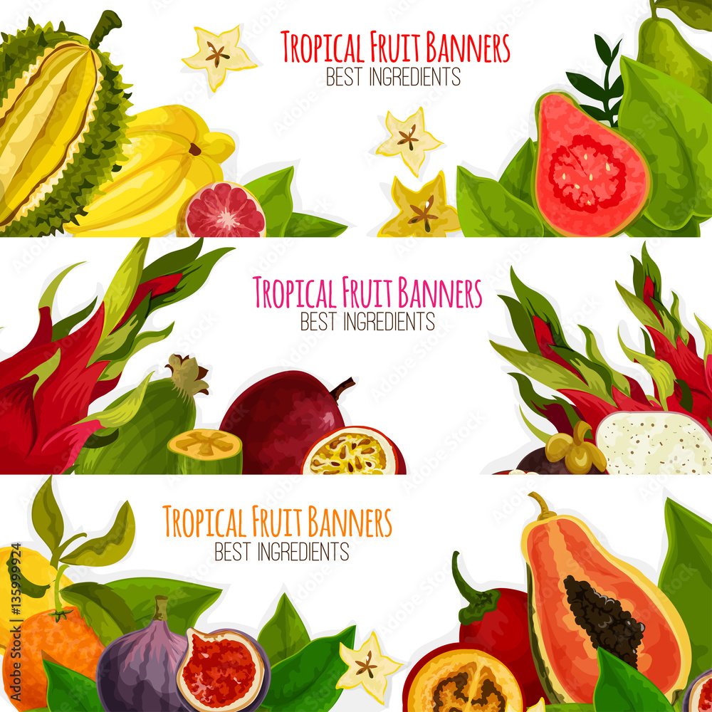 Exotic tropical fresh fruits vector banners set Exotic tropical fresh fruits vector banners set