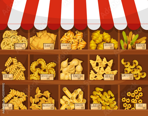 Pasta shop or market vector display stand stall
