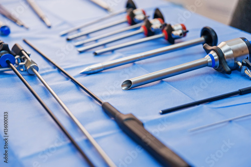 Laparoscopic tools on a sterile table photo