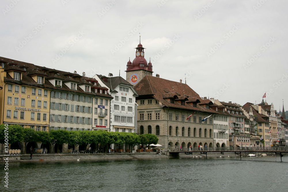 View of historical center with footbridge inLuzern, Switzerland