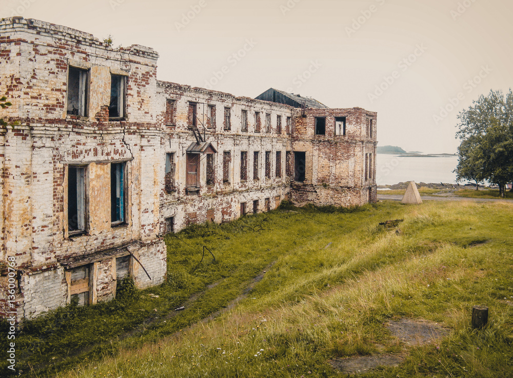 Abandoned and ruined house at Solovki Island, Russia