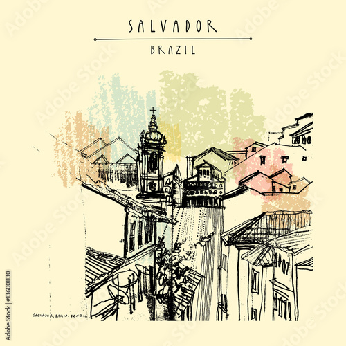Salvador, Bahia, Brazil, South America. Nossa Senhora do Rosario dos Pretos (Our Lady of the Roasary of Black People) catholic church. UNESCO world heritage site. Vintage handdrawn postcard