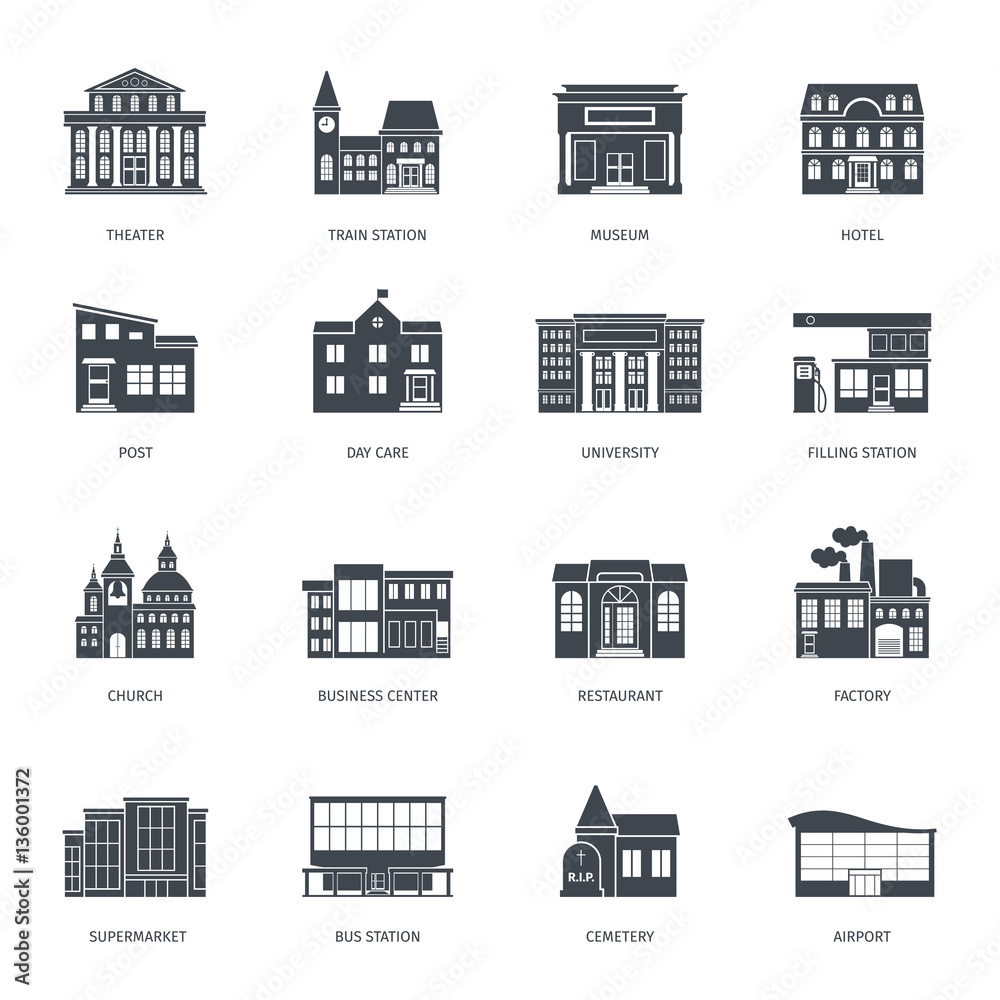 Town buildings front view set. City building vector icons isolated on white background