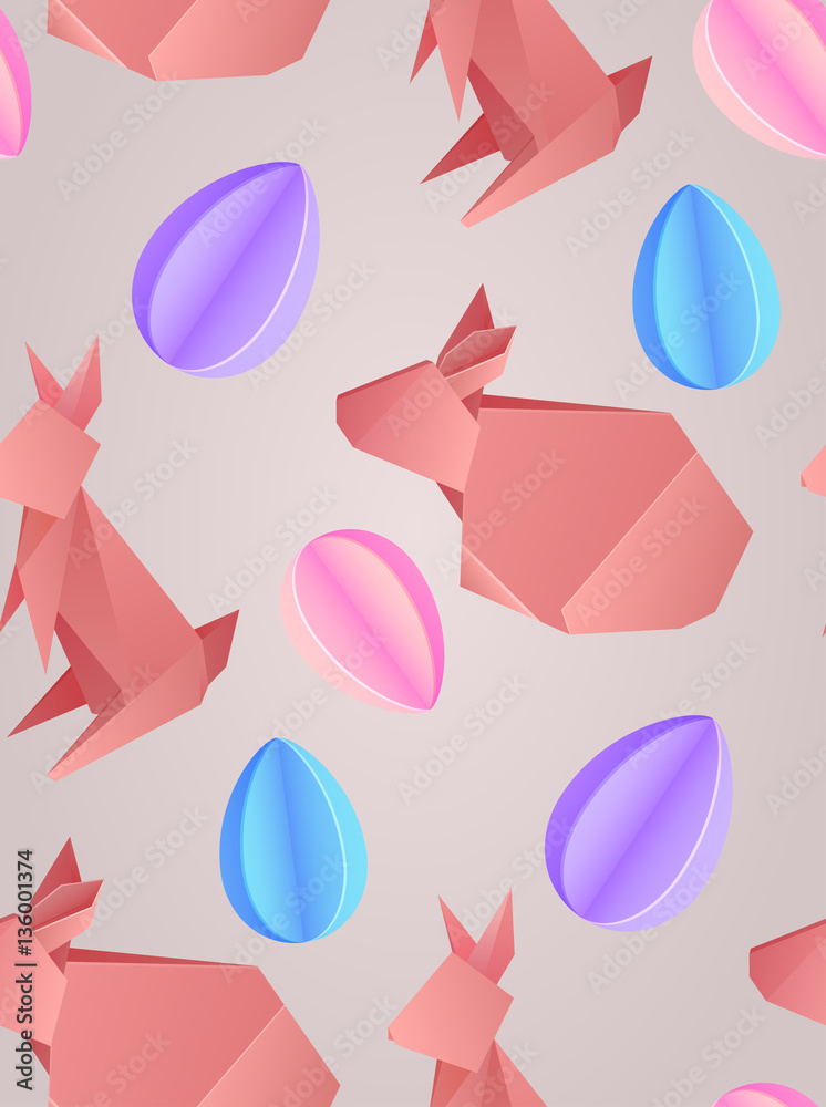 Seamless texture with paper origami rabbits and eggs. Vector Easter pattern for your creativity Seamless texture with paper origami rabbits and eggs. Vector Easter pattern for your creativity
