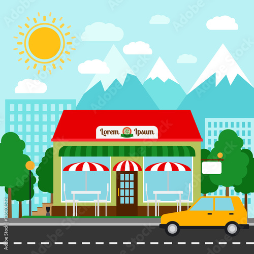 Pizzeria colorful vector illustration. Pizza house store front with mountains and city background