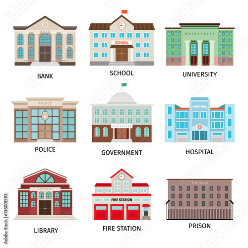 Government building colored icons isolated on white background. Bank and fire office, university and library vector illustration