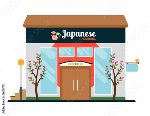 Japanese food restaurant colorful store front with white background. Vector illustration