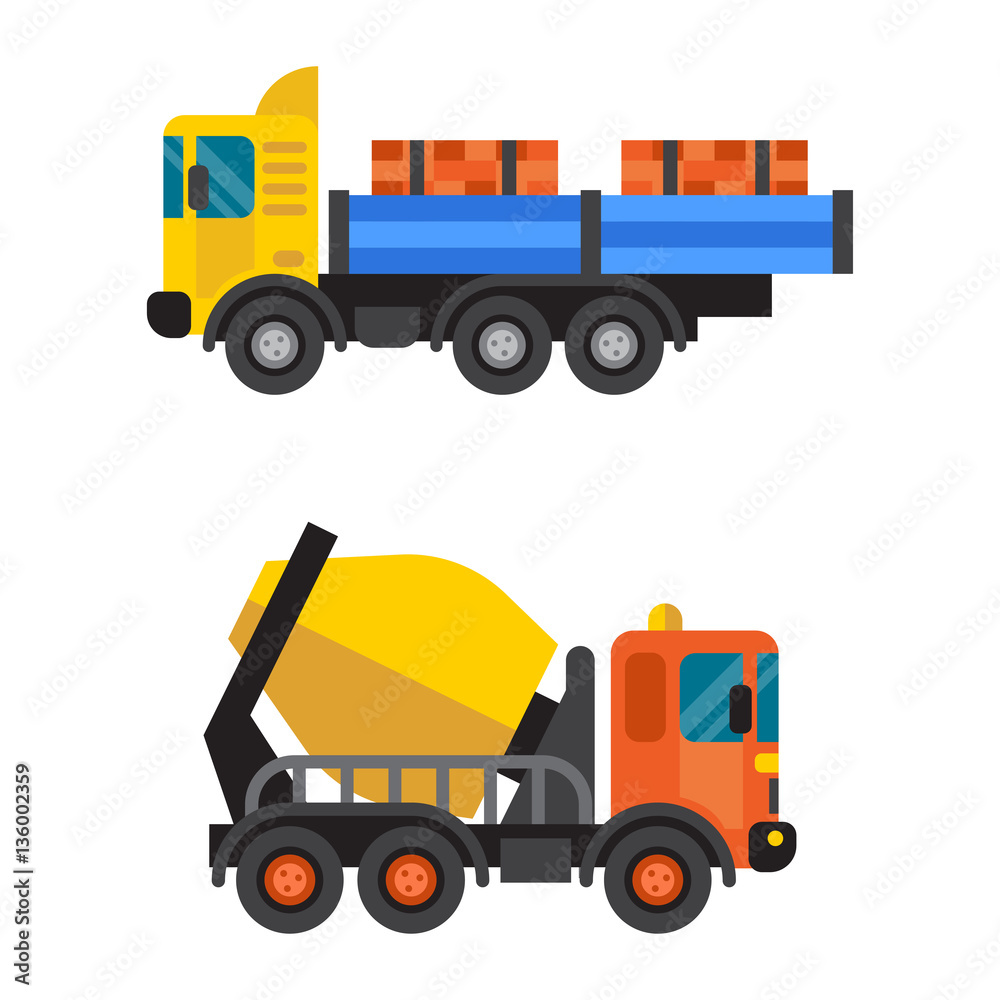 Concrete mixer and tipper truck cement industry equipment machine vector. Concrete mixer and tipper truck cement industry equipment machine vector.