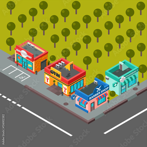 Vector isometric buildings illustration. © partyvector