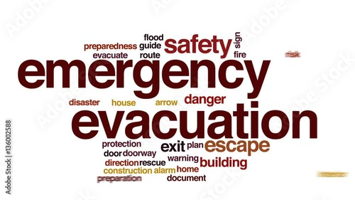 Emergency evacuation animated word cloud, text design animation.